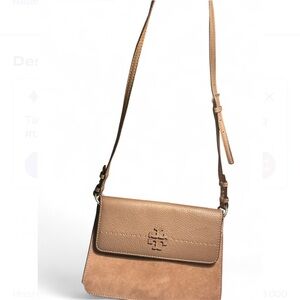 Tory Burch McGraw mixed suede and leather crossbody purse tan/grey